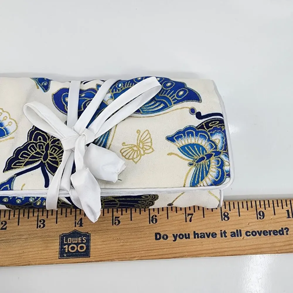 Travel Jewelry Organizer Roll Blue Butterfly Fold Up Case 3 Zip Compartments